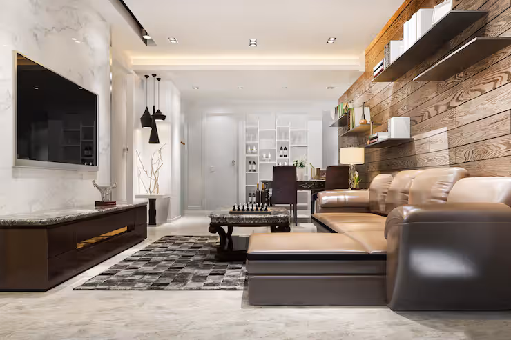 Salón moderno con panel de madera en Los Dolores